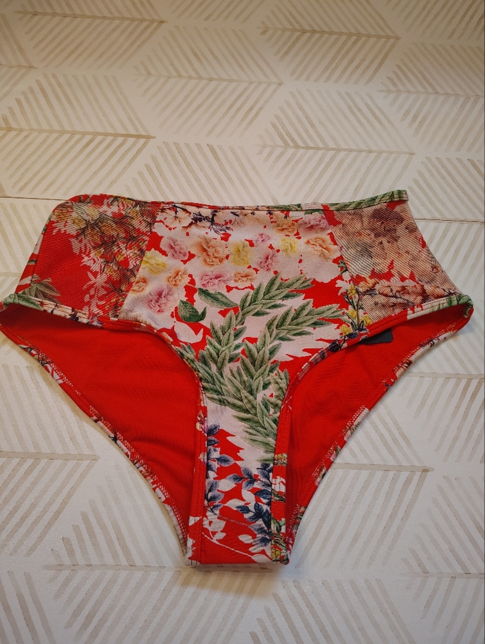 Rachel Red Floral High-Waist One-Piece Bikini Bottoms xs